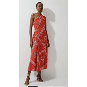 NWT Karen Millen Size L Printed Cotton Voile One Shoulder Midi Dress Red A57